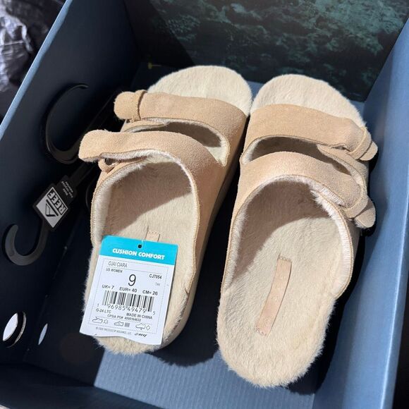 Reef Ojai Ciara 2-Bar Shearling Lined Tan Suede Platform Slides Women’s Size 9 - Picture 4 of 8